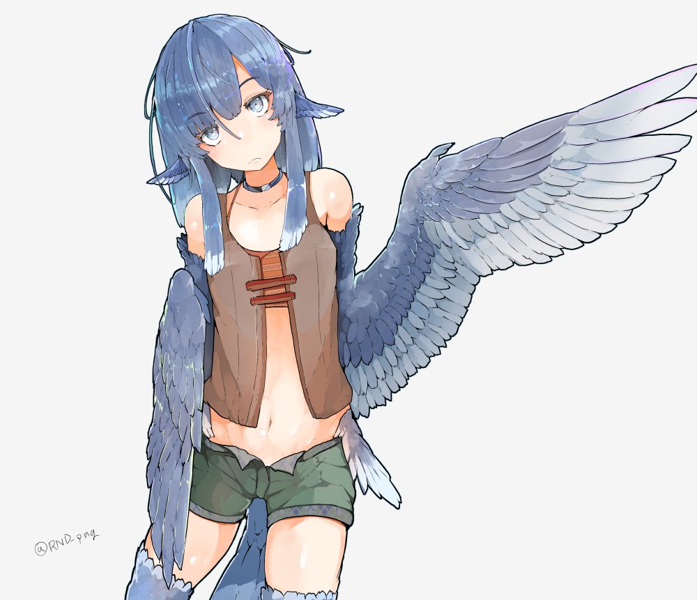 1girl animal_ears bare_shoulders bird_ears bird_legs bird_tail bird_wings blue_feathers blue_hair blue_wings choker feathered_wings feathers frown grey_eyes harpy head_feathers midriff monster_girl open_fly original rnd.jpg short_shorts shorts solo twitter_username vest winged_arms wings