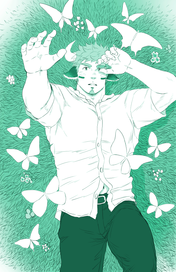 1boy alternate_costume animal_ears bangs bara belt bug butterfly casual chest cowboy_shot facial_hair forked_eyebrows glowing_horns grass green_theme horns insect looking_at_viewer lying male_focus monochrome navel on_back on_grass open_clothes open_mouth pants partially_unbuttoned simple_background solo thick_eyebrows tokyo_houkago_summoners unplugged_line wakan_tanka white_butterfly