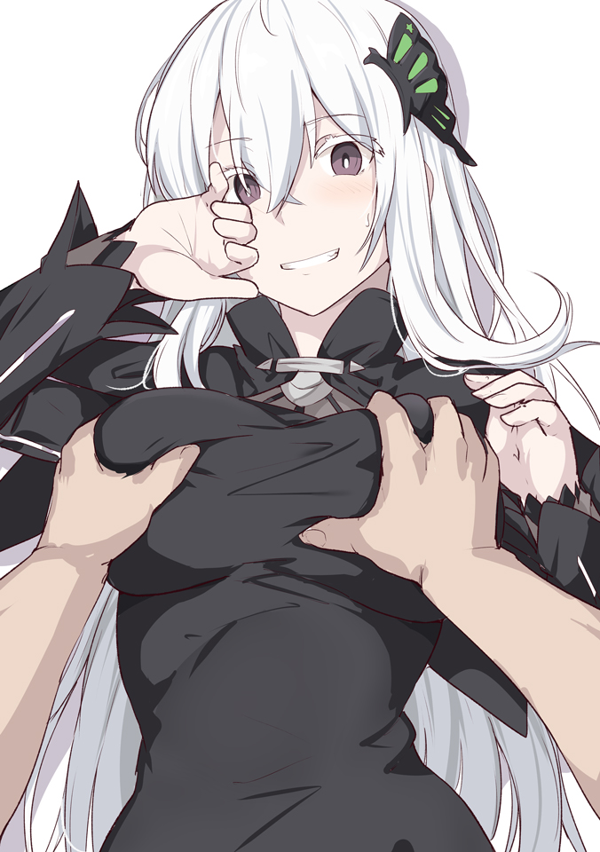 1girl bangs black_capelet black_dress blush breast_grab breasts butterfly_hair_ornament capelet crossed_bangs disembodied_appendage dress echidna_(re:zero) grabbing grin hair_ornament large_breasts long_hair long_sleeves looking_at_viewer re:zero_kara_hajimeru_isekai_seikatsu shiseki_hirame sidelocks simple_background smile sweatdrop white_background white_eyelashes white_hair