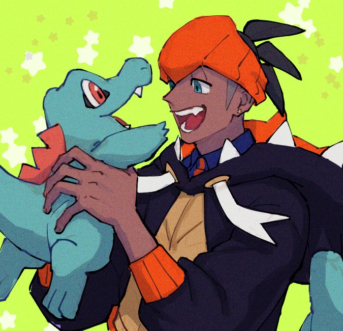 1boy aqua_eyes black_hair black_hoodie commentary_request dark_skin dark_skinned_male earrings gen_2_pokemon green_background gym_leader holding holding_pokemon hood hoodie jewelry male_focus open_mouth orange_headwear pokemon pokemon_(creature) pokemon_(game) pokemon_swsh raihan_(pokemon) sagemaru-br smile star_(symbol) teeth totodile