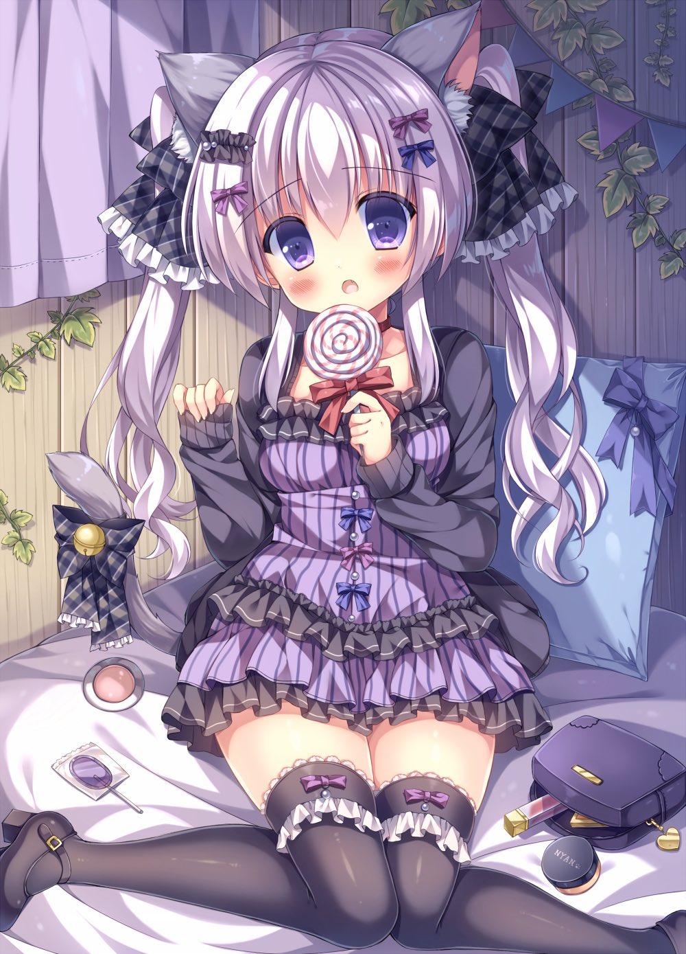 1girl animal_ear_fluff animal_ears bell black_footwear black_legwear blush bow breasts candy cat_ears cat_tail checkered checkered_bow choker cosmetics dress folded_leg food frilled_dress frills hair_bow hair_ribbon high_heels highres jacket jingle_bell kouta. lollipop long_hair long_sleeves mary_janes medium_breasts open_mouth original purple_hair ribbon shoes sitting sleeves_past_wrists solo tail tail_bow thigh-highs twintails violet_eyes