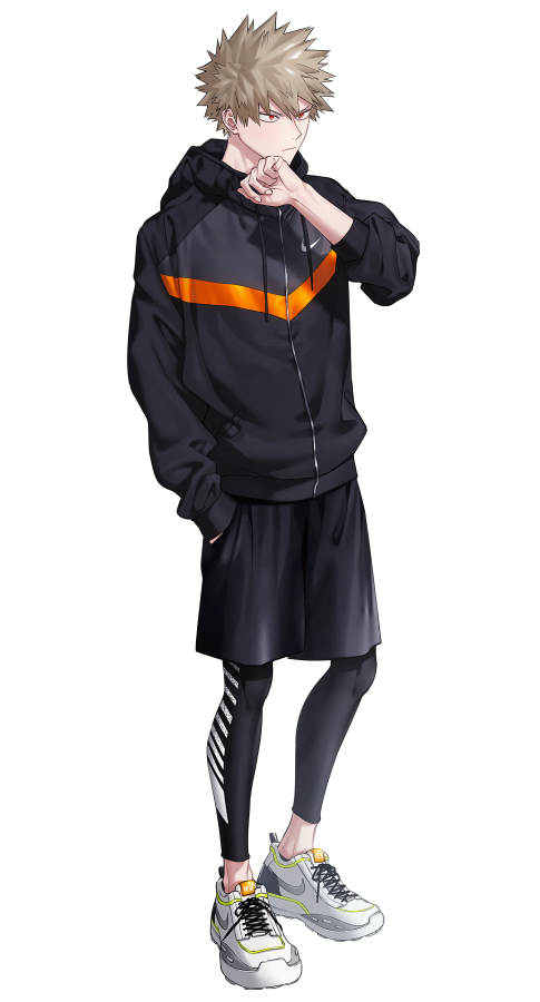 1boy bakugou_katsuki bangs black_hoodie black_pants black_shorts boku_no_hero_academia closed_mouth commentary_request eyebrows_visible_through_hair full_body hand_in_pocket hand_on_own_chin hand_up hood hood_down hoodie legwear_under_shorts long_sleeves looking_to_the_side male_focus nike pants pantyhose quwo red_eyes shoes short_hair shorts simple_background sneakers solo spiky_hair sportswear white_background yellow_hoodie