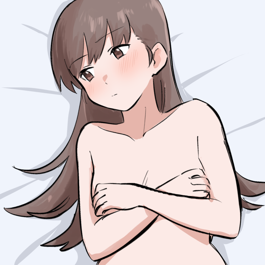0komeshi 1girl breasts brown_eyes brown_hair collarbone covering covering_breasts crossed_arms kantai_collection long_hair looking_to_the_side lying ooi_(kantai_collection) small_breasts solo upper_body