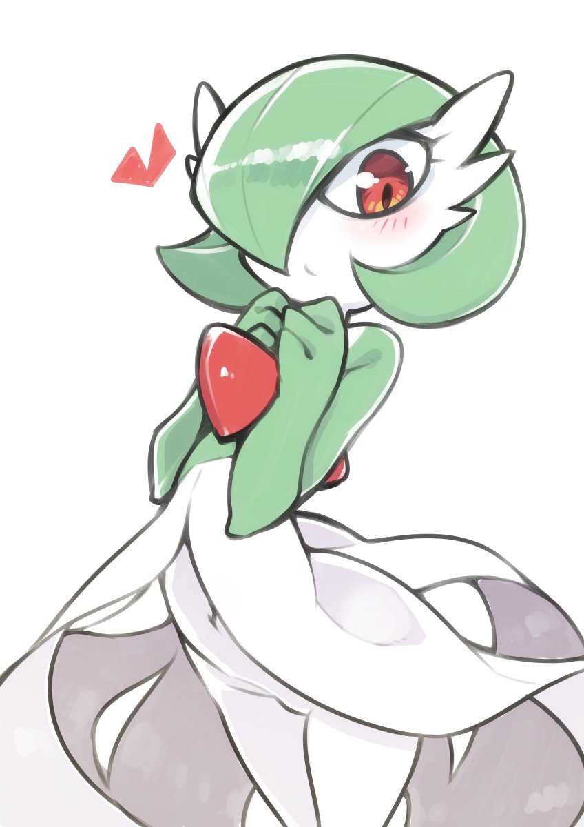 1girl gardevoir gen_3_pokemon green_hair hair_over_one_eye hand_to_own_mouth hands_on_own_chest heart highres looking_at_viewer navel no_humans pokemon pokemon_(creature) red_eyes short_hair showgirl_skirt simple_background skirt solo thighs white_background white_skirt yuuki_(yuyuki000)