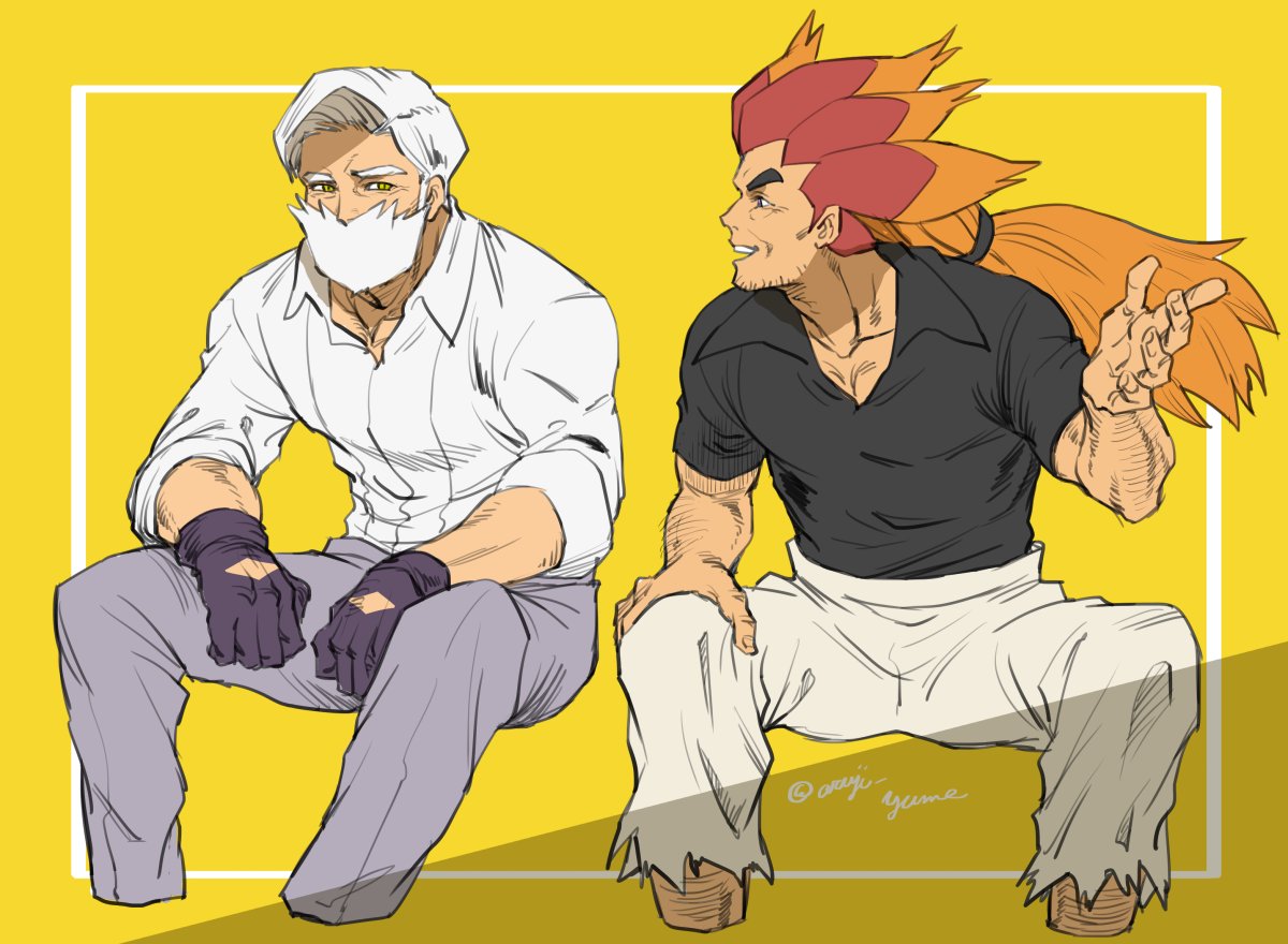 2boys alder_(pokemon) arm_hair aruji_yume black_gloves black_shirt collared_shirt commentary_request drayden_(pokemon) facial_hair gloves grey_pants hand_up looking_at_another male_focus multicolored_hair multiple_boys open_mouth orange_hair pants pokemon pokemon_(game) pokemon_bw redhead shirt short_sleeves teeth two-tone_hair white_hair white_shirt