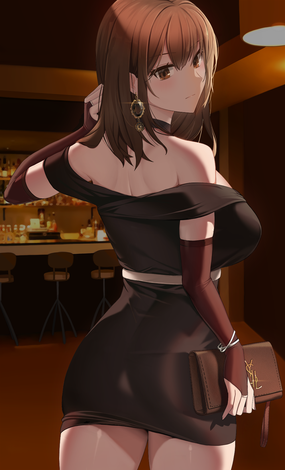 1girl asato_mai ass back backlighting bag bangs bar bar_stool bare_shoulders black_dress blush bracelet breasts bridal_gauntlets brown_eyes brown_gloves brown_hair choker cowboy_shot dress earrings elbow_gloves expressionless eyebrows_visible_through_hair from_behind glint gloves hair_between_eyes hair_tousle hand_up handbag highres holding indoors jewelry large_breasts long_hair looking_at_viewer looking_back original shoulder_blades solo standing stool strapless strapless_dress