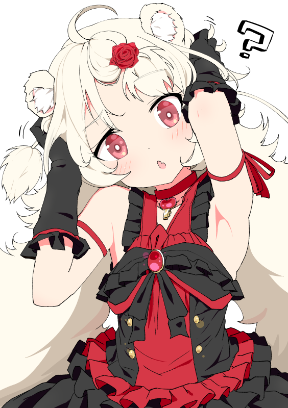 1girl ? animal_ears armpits bangs bare_shoulders black_gloves character_request copyright_request dress flat_chest fluffy frilled_dress frilled_skirt frills gloves gothic_lolita lolita_fashion looking_at_viewer red_eyes skirt tottotonero twintails white_hair