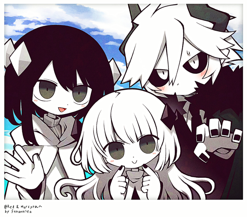 1boy 1girl 1other :d androgynous artist_name black_hair black_nails black_neckwear black_sclera blush child cloak clouds cloudy_sky commission demon_boy etihw eyes_visible_through_hair family father_and_daughter funamusea fur_collar grey_eyes grey_nails haiiro_teien hair_between_eyes head_tilt horns kcalb long_hair long_sleeves mogeko_(okegom) mother_and_daughter necktie no_mouth open_mouth pale_skin parent_and_child photo_(object) short_hair short_hair_with_long_locks sidelocks silhouette_(mogeko) skeb_commission sky slit_pupils smile sweat white_eyes white_hair