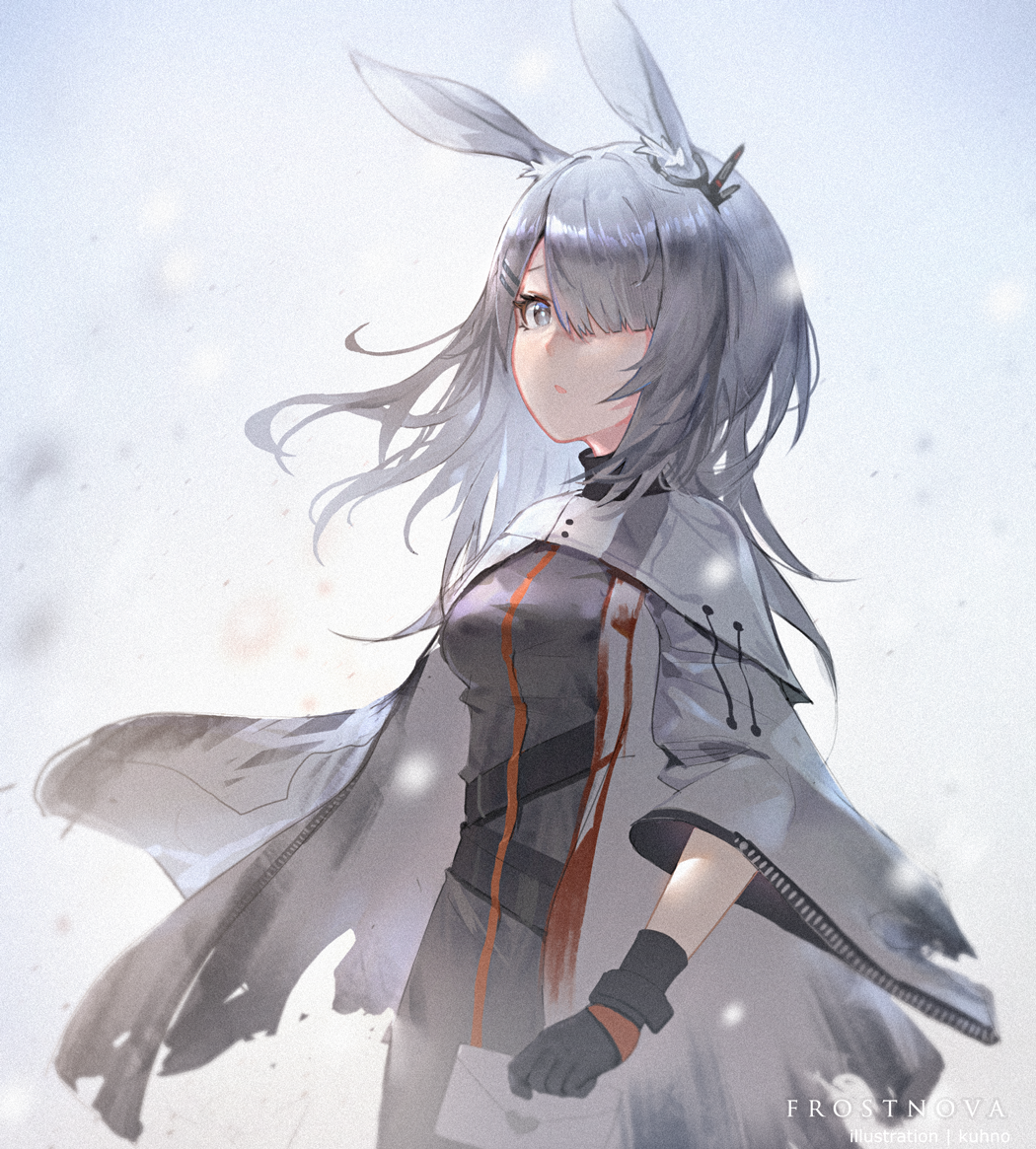 1girl animal_ears arknights bangs black_gloves breasts character_name commentary_request cowboy_shot dress frostnova_(arknights) gloves grey_background grey_dress grey_eyes hair_over_one_eye holding holding_letter kuhnowushi letter long_hair long_sleeves medium_breasts rabbit_ears silver_hair solo standing wide_sleeves