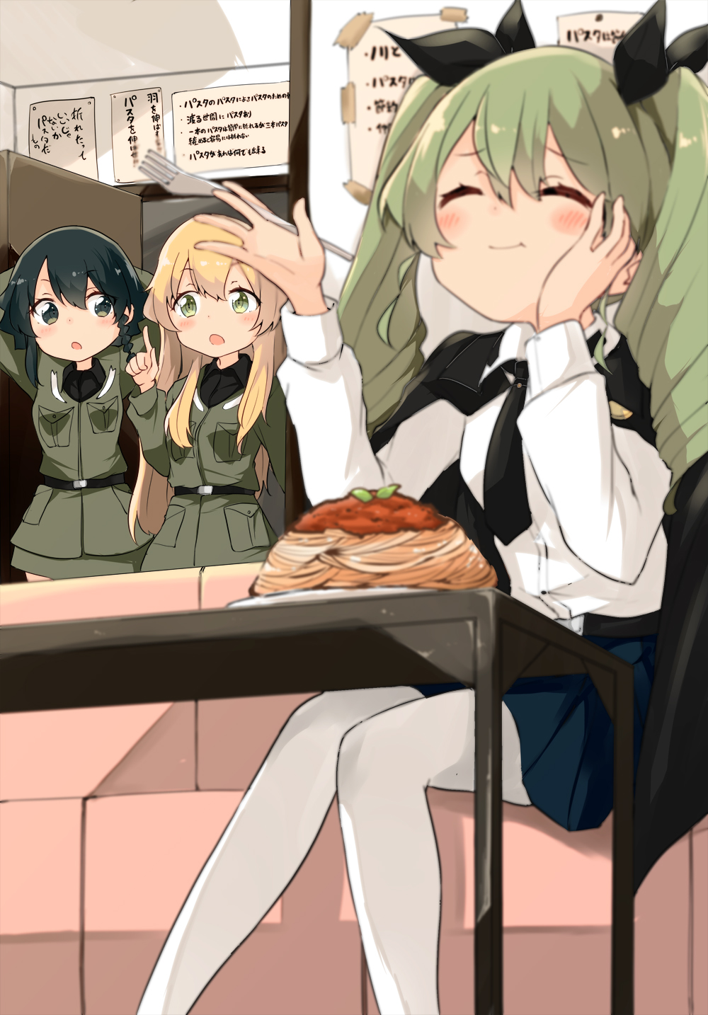 3girls :t anchovy_(girls_und_panzer) anzio_military_uniform anzio_school_uniform arms_behind_head arms_up bangs barashiya belt black_belt black_cape black_hair black_neckwear black_ribbon black_shirt black_skirt blonde_hair blurry blurry_foreground braid brown_eyes cape carpaccio_(girls_und_panzer) chair closed_mouth commentary depth_of_field dress_shirt drill_hair eating eyebrows_visible_through_hair food fork girls_und_panzer green_eyes green_hair grey_jacket grey_skirt hair_ribbon hand_on_own_face highres holding holding_fork index_finger_raised indoors jacket light_frown long_hair long_sleeves looking_at_another looking_to_the_side military military_uniform miniskirt multiple_girls necktie pantyhose pasta pepperoni_(girls_und_panzer) plate pleated_skirt ribbon school_uniform shirt short_hair side_braid sitting skirt smile spaghetti standing table translation_request twin_drills twintails uniform white_legwear white_shirt wing_collar