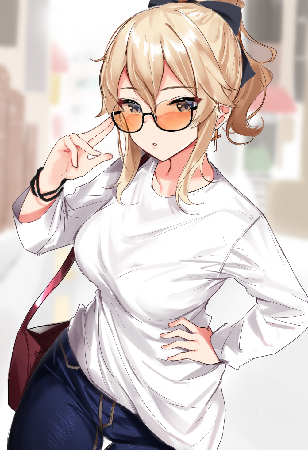 1girl bag bangs blonde_hair blue_eyes blush bracelet breasts casual cross cross_earrings denim earrings genshin_impact hair_between_eyes hair_ribbon hand_on_hip highres jean_gunnhildr jeans jewelry large_breasts long_hair looking_at_viewer pants ponytail ribbon shengtian shirt shoulder_bag sidelocks solo sunglasses tinted_eyewear white_shirt