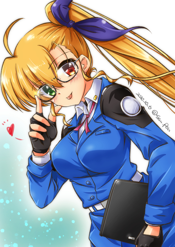 1girl :p adjusting_eyewear ahoge bespectacled black_gloves blonde_hair blue_jacket breasts commentary_request dated dutch_angle fingerless_gloves glasses gloves green_eyes hair_ribbon heterochromia holding holding_notebook jacket large_breasts long_hair looking_at_viewer lyrical_nanoha mahou_shoujo_lyrical_nanoha_vivid notebook pink_neckwear purple_ribbon red_eyes ribbon san-pon solo tongue tongue_out tsab_naval_military_uniform twitter_username very_long_hair vivio