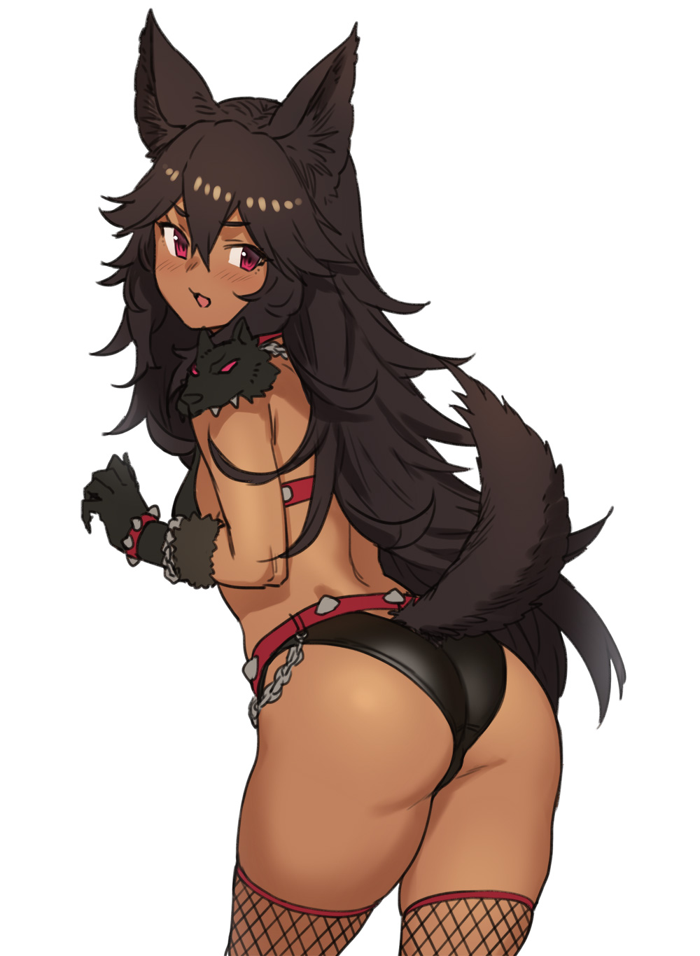 1girl animal_ears ass bikini blush bracelet breasts brown_hair cerberus_(houtengeki) dark_skin dog_ears dog_tail feet_out_of_frame fishnet_legwear fishnets from_behind fur_trim gloves highres houtengeki jewelry long_hair messy_hair open_mouth original red_eyes simple_background small_breasts solo spiked_bracelet spikes swimsuit tail thighs white_background