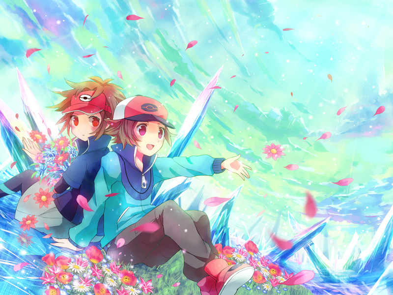 2boys baseball_cap blush brown_hair closed_eyes closed_mouth commentary_request day flower grass hand_up hat hilbert_(pokemon) jacket kokoroko long_sleeves male_focus multiple_boys nate_(pokemon) open_mouth outdoors pants petals pokemon pokemon_(game) pokemon_bw pokemon_bw2 red_eyes shoes sitting smile tongue visor_cap zipper_pull_tab