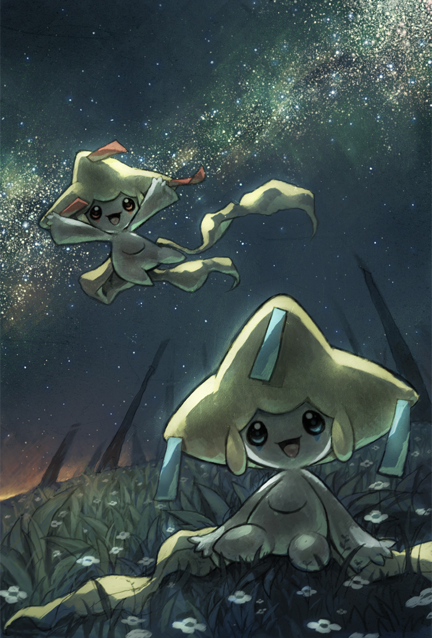 :d amuchi_moshi arms_up commentary_request flying gen_3_pokemon graphite_(medium) grass highres jirachi looking_at_viewer mythical_pokemon night no_humans open_mouth outdoors pokemon pokemon_(creature) sitting sky smile star_(sky) tongue traditional_media