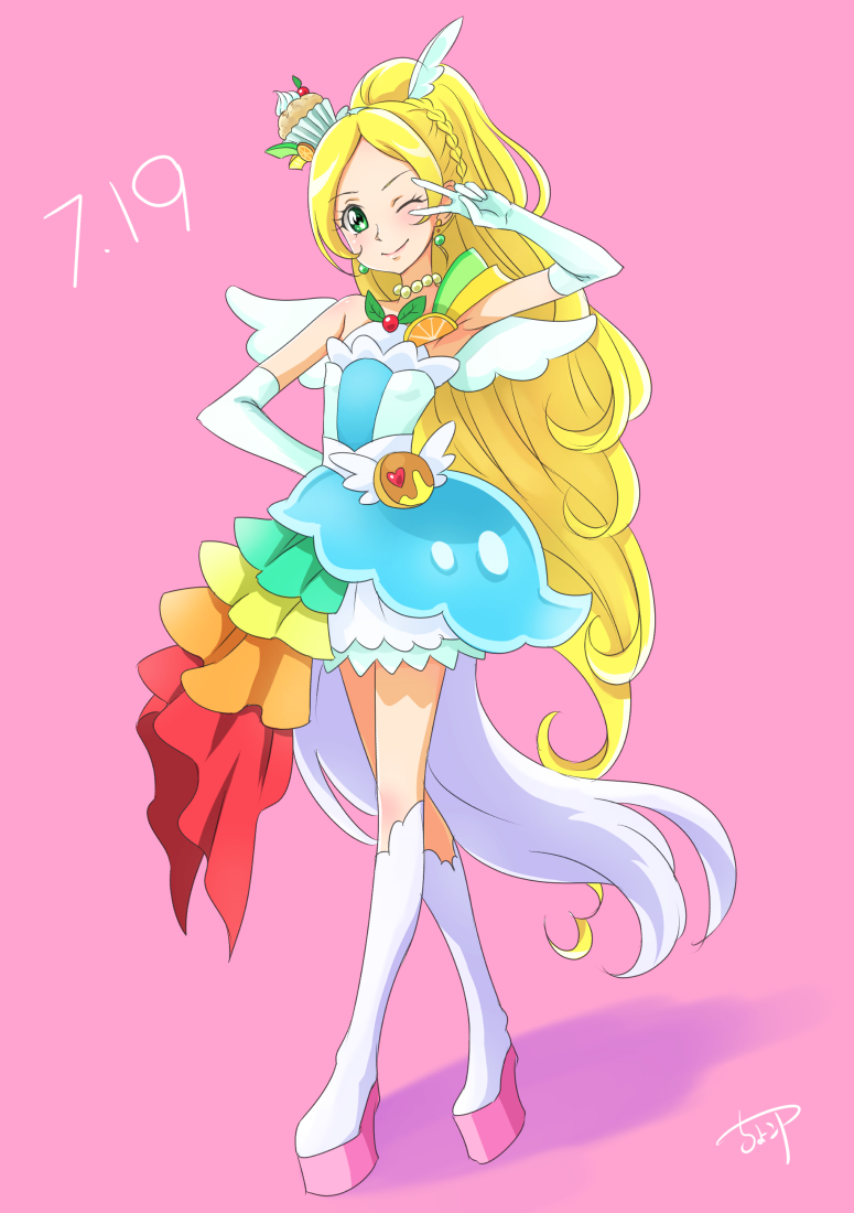 1girl ;) bangs blonde_hair boots braid chocokin closed_mouth cosplay cure_parfait cure_parfait_(cosplay) cure_rhythm elbow_gloves full_body gloves green_eyes hair_ornament head_tilt high_ponytail horse_tail jewelry kirakira_precure_a_la_mode knee_boots layered_skirt long_hair miniskirt necklace one_eye_closed parted_bangs pink_background precure signature skirt smile solo standing strapless suite_precure tail very_long_hair white_footwear white_gloves white_skirt