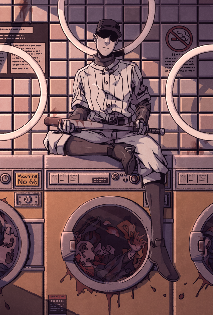 1boy add-on_(off) baseball_bat baseball_cap baseball_uniform belt blood closed_mouth hat holding holding_baseball_bat male_focus no_smoking off pants shaded_face sign sitting skull solo sportswear the_batter tile_wall tiles washing_machine wenny02