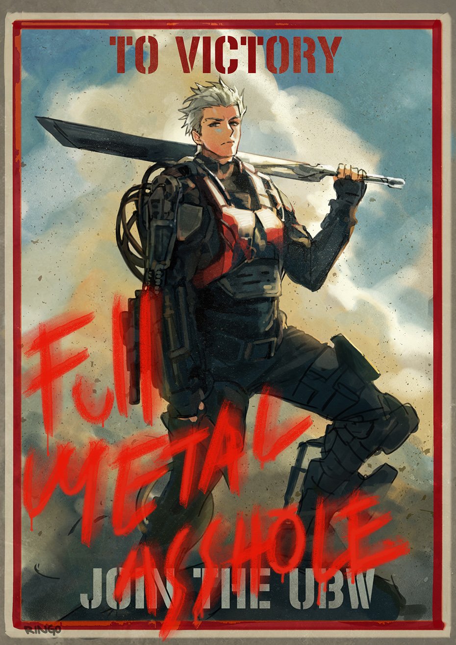 1boy archer armor black_gloves black_legwear clouds cloudy_sky dark_skin english_text fate/stay_night fate_(series) g0ringo gloves graffiti highres holding holding_sword holding_weapon looking_at_viewer male_focus mechanical_parts pose poster sky sword weapon what_if white_hair