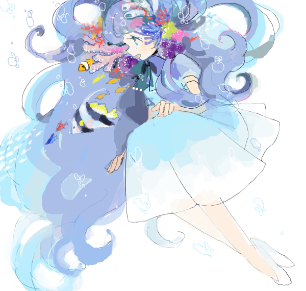 1girl :d air_bubble animal arm_support asari_nanami bad_id bangs big_hair blue_bow blue_dress blue_eyes blue_hair blue_theme bow bubble chin_strap clownfish coral coral_hair_ornament crossed_ankles drawr dress dutch_angle fish flats floating_hair from_side full_body gradient_clothes gradient_dress hair_ornament hand_on_lap idolmaster idolmaster_cinderella_girls invisible_chair jaggy_line legs_together long_hair looking_away medium_dress moorish_idol no_socks nucco oekaki open_mouth pleated_dress profile puffy_short_sleeves puffy_sleeves school_of_fish shoes short_sleeves simple_background sitting smile solo tareme very_long_hair wavy_hair white_background white_footwear