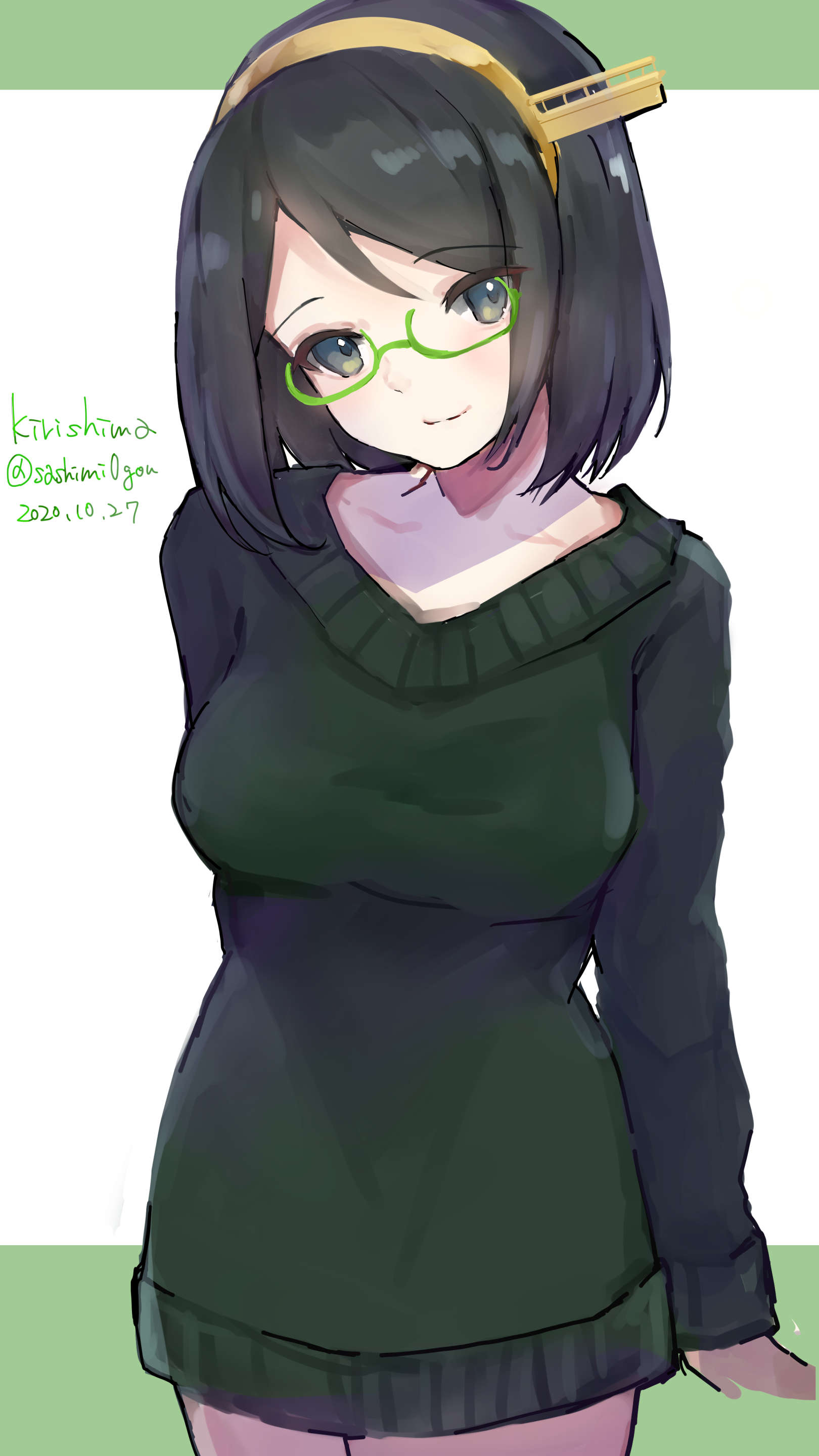 1girl absurdres black_dress black_hair black_sweater character_name cowboy_shot dated dress glasses green-framed_eyewear grey_eyes hairband headgear highres kantai_collection kirishima_(kantai_collection) ribbon-trimmed_sleeves ribbon_trim sashimi0gou short_hair smile solo sweater sweater_dress twitter_username two-tone_background white_background