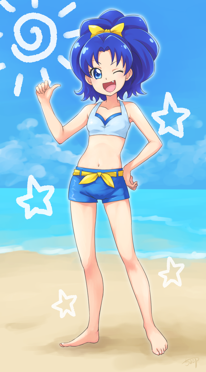 1girl ;d barefoot beach bikini bikini_top blue_bikini blue_eyes blue_hair blue_shorts bow breasts chocokin collarbone day fang full_body hair_bow hand_on_hip high_ponytail highres kirakira_precure_a_la_mode long_hair looking_at_viewer navel ocean one_eye_closed open_mouth outdoors precure shiny shiny_hair short_shorts shorts small_breasts smile solo standing summer swimsuit tategami_aoi thumbs_up yellow_bow