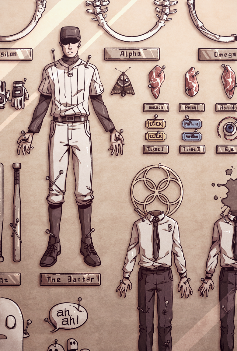 1boy add-on_(off) against_wall baseball_bat baseball_cap baseball_uniform black_neckwear bug character_name eyeball food ghost gloves hat insect male_focus meat moth necktie off pants shaded_face shirt sportswear the_batter ticket wall wenny02