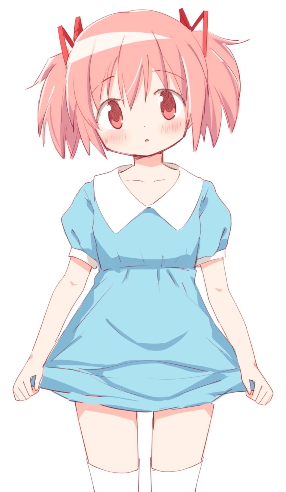 1girl alternate_costume arms_at_sides blue_dress clenched_hands clothes_grab collarbone collared_dress commentary_request cowboy_shot dot_nose dress expressionless eyebrows_visible_through_hair flat_chest hair_between_eyes hair_ribbon head_tilt highres kaname_madoka legs_apart light_blush looking_at_viewer mahou_shoujo_madoka_magica parted_lips pink_eyes pink_hair puffy_short_sleeves puffy_sleeves red_ribbon ribbon shaded_face shiny shiny_hair short_dress short_sleeves short_twintails simple_background skirt_hold solo standing thigh-highs tsubaki_(tatajd) twintails white_background white_legwear zettai_ryouiki