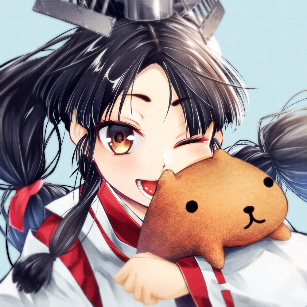 1girl bangs black_hair blue_background brown_eyes clenched_hand cluseller commentary_request eyebrows_visible_through_hair hair_ribbon hand_up happy headgear holding japanese_clothes kantai_collection kariginu long_hair long_sleeves looking_at_viewer nisshin_(kantai_collection) one_eye_closed open_mouth parted_bangs ponytail red_ribbon ribbon ribbon-trimmed_sleeves ribbon_trim shiny shiny_hair sidelocks simple_background smile solo stuffed_animal stuffed_toy teeth tied_hair tongue upper_body