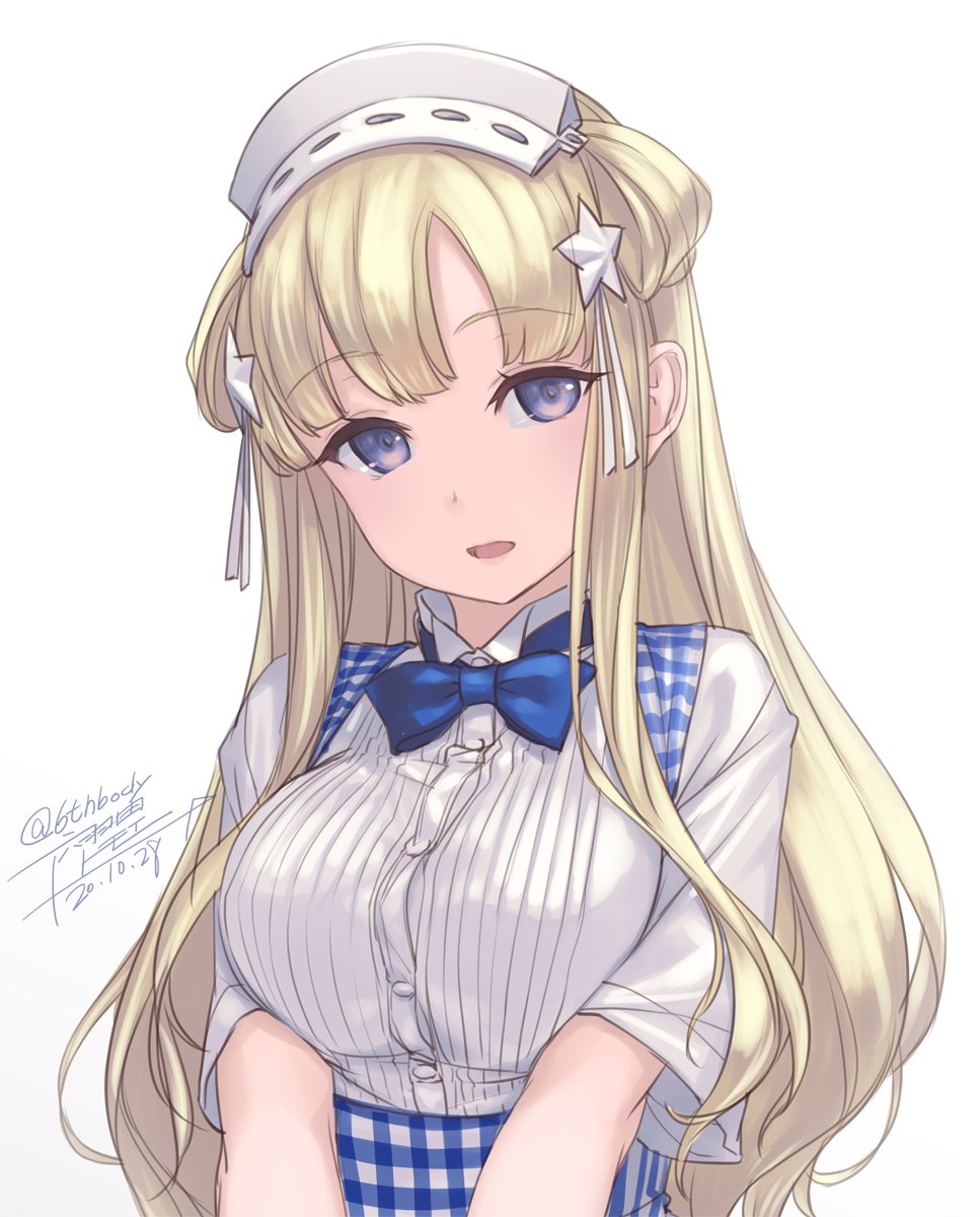 1girl apron artist_name blonde_hair blue_apron blue_eyes breasts buttons collared_shirt dated employee_uniform eyebrows_visible_through_hair fletcher_(kantai_collection) gradient gradient_background highres kantai_collection kobeya_uniform large_breasts long_hair open_mouth rokuwata_tomoe shirt short_sleeves side_bun signature smile solo twitter_username uniform upper_body white_background white_shirt