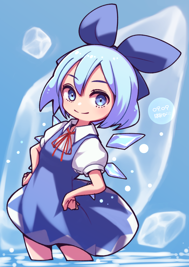 1girl blue_background blue_bow blue_dress blue_eyes blue_hair bow cirno commentary dated dated_commentary disconnected_mouth dress eyebrows_visible_through_hair hair_between_eyes hair_bow hands_on_hips ice ice_wings looking_at_viewer neck_ribbon pinafore_dress puffy_short_sleeves puffy_sleeves red_ribbon ribbon shirt short_hair short_sleeves smile solo striped touhou umenodo white_shirt wings