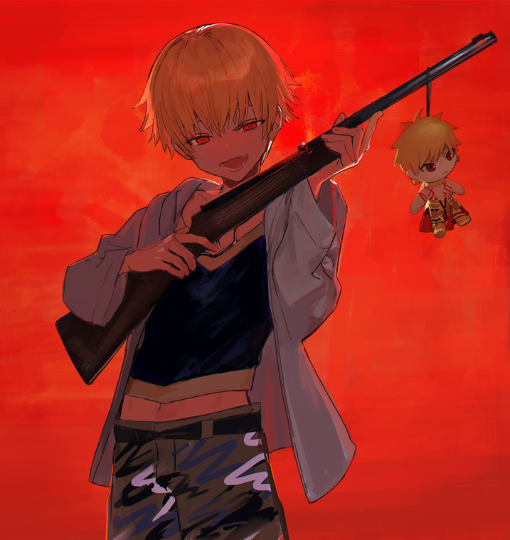 1boy backlighting blonde_hair child_gilgamesh fate/grand_order fate_(series) grey_jacket gun holding holding_gun holding_weapon itefu jacket male_focus midriff navel open_clothes open_jacket open_mouth red_eyes rifle solo stuffed_toy teeth weapon
