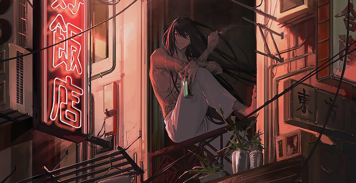 1boy air_conditioner arm_on_knee arm_tattoo bangs barefoot black_hair building can chest_tattoo cigarette closed_mouth commentary_request fate/grand_order fate_(series) full_body hair_between_eyes holding holding_can holding_cigarette itefu long_hair looking_away male_focus neon_lights plant potted_plant railing shirtless sign sitting smoke solo tattoo very_long_hair yan_qing_(fate/grand_order)