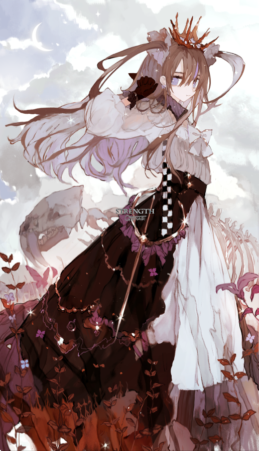 1girl animal_skull asahiro black_gloves bone bow brown_hair checkered clouds cloudy_sky crescent_moon crown dress fangs feet_out_of_frame glint gloves hair_ornament hand_up long_hair long_sleeves moon original plant puffy_sleeves skeleton sky solo sparkle strength_(tarot_card) tarot violet_eyes