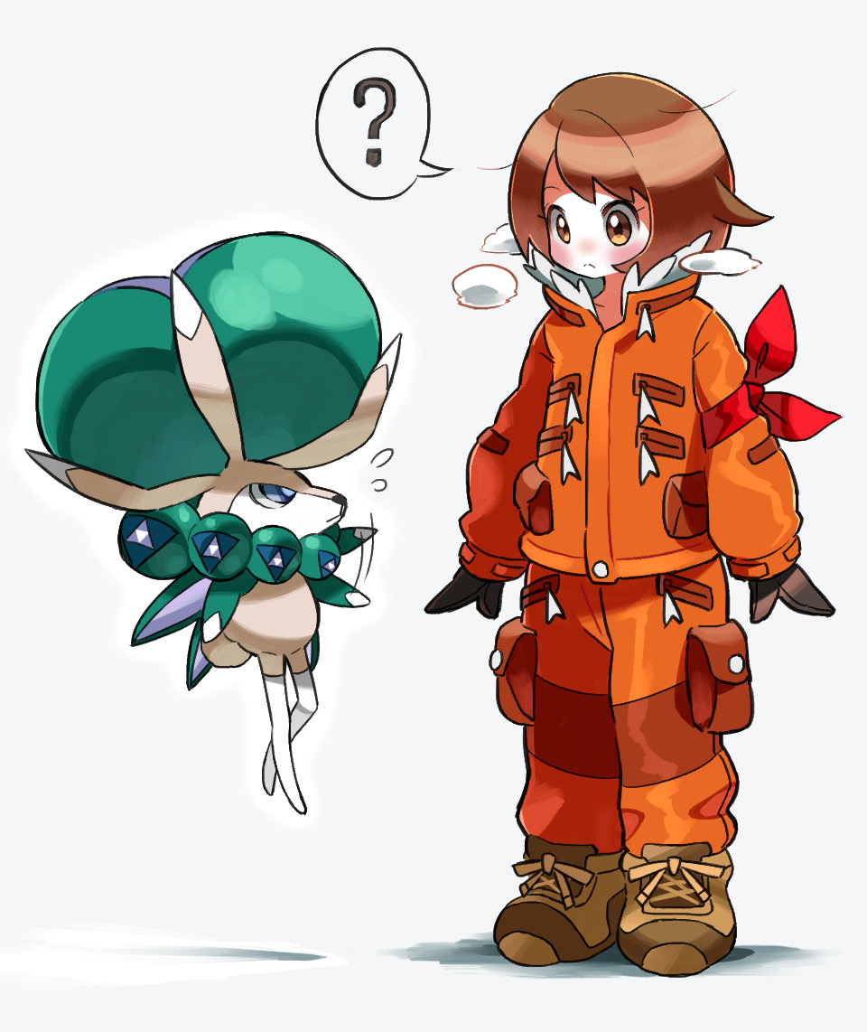 1girl ? arm_ribbon bangs blush boots brown_eyes brown_footwear brown_gloves brown_hair calyrex closed_mouth commentary_request expedition_uniform eye_contact eyelashes flying_sweatdrops fur_trim gen_8_pokemon gloria_(pokemon) gloves hyou_(hyouga617) jacket legendary_pokemon long_sleeves looking_at_another motion_lines nose_blush orange_jacket orange_pants pokemon pokemon_(creature) pokemon_(game) pokemon_swsh red_ribbon ribbon short_hair spoken_question_mark standing