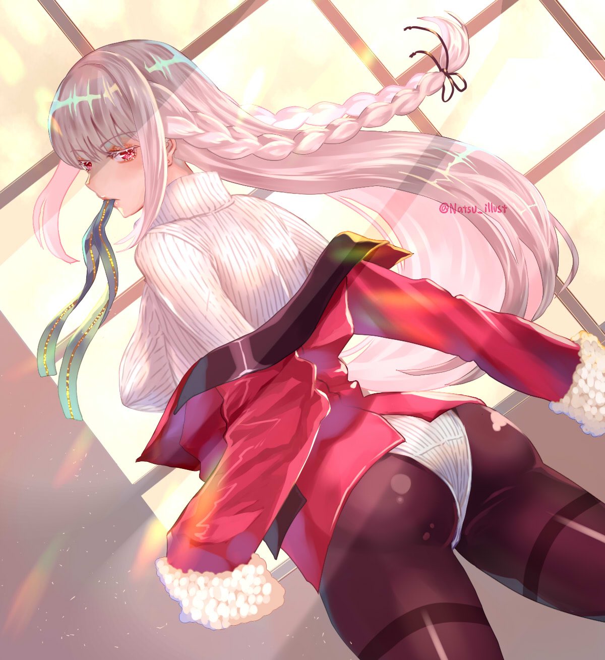 1girl black_legwear braid breasts eyebrows_visible_through_hair fate/grand_order fate_(series) florence_nightingale_(fate/grand_order) fur fur-trimmed_sleeves fur_trim highres jacket large_breasts long_hair looking_at_viewer looking_back natsujiru pink_hair red_eyes red_jacket ribbon solo sweater thigh-highs turtleneck turtleneck_sweater window