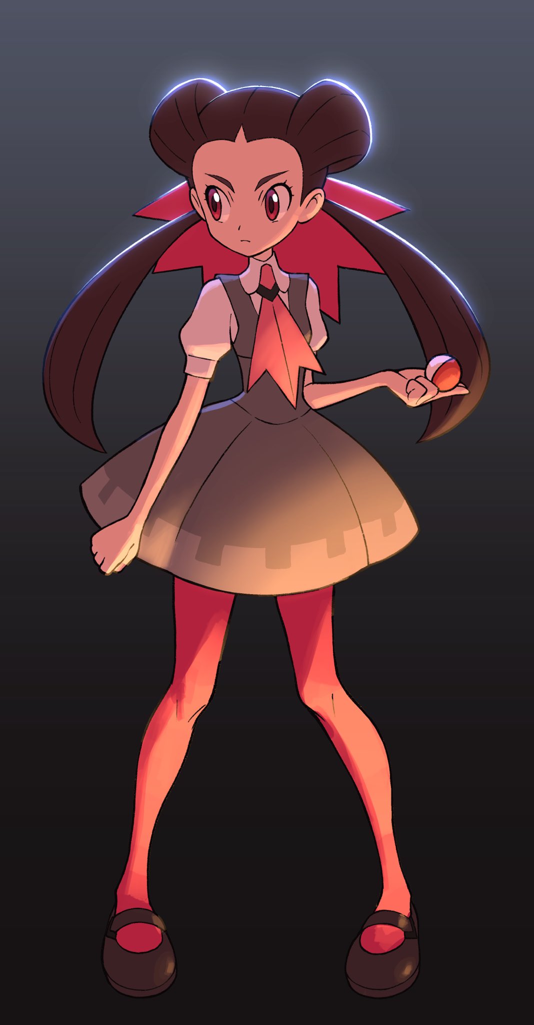 1girl brown_hair clenched_hand closed_mouth commentary_request dress eyelashes full_body grey_dress hair_ribbon highres holding holding_poke_ball knees long_hair looking_to_the_side pantyhose poke_ball poke_ball_(basic) pokemon pokemon_(game) pokemon_oras red_eyes ribbon roxanne_(pokemon) shirt shoes short_sleeves solo standing twintails white_shirt yoshi_(moco1)