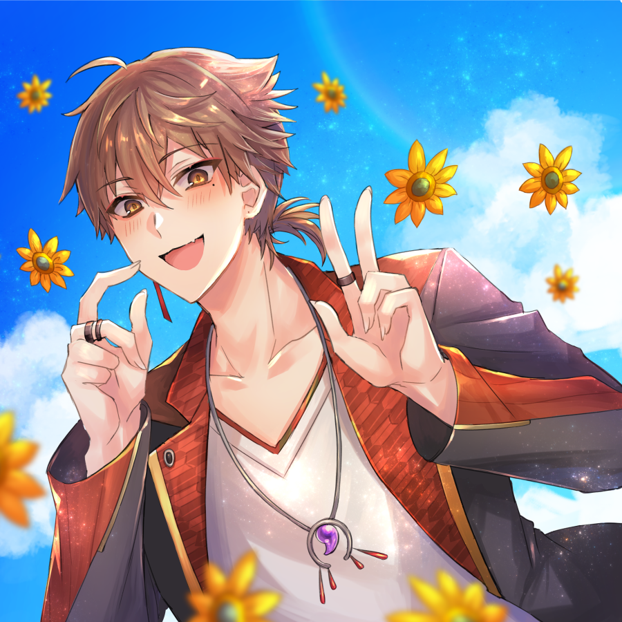 1boy :d bangs black_jacket blue_sky blurry blurry_foreground blush brown_eyes brown_hair clouds collarbone day depth_of_field eyebrows_visible_through_hair fang fingernails flower fushimi_gaku hair_between_eyes hands_up jacket jewelry long_fingernails long_hair looking_at_viewer low_ponytail male_focus mole mole_under_eye nijisanji open_clothes open_jacket open_mouth outdoors ponytail ring sharp_fingernails shikino_yuki shirt sky smile solo upper_body v virtual_youtuber white_shirt yellow_flower