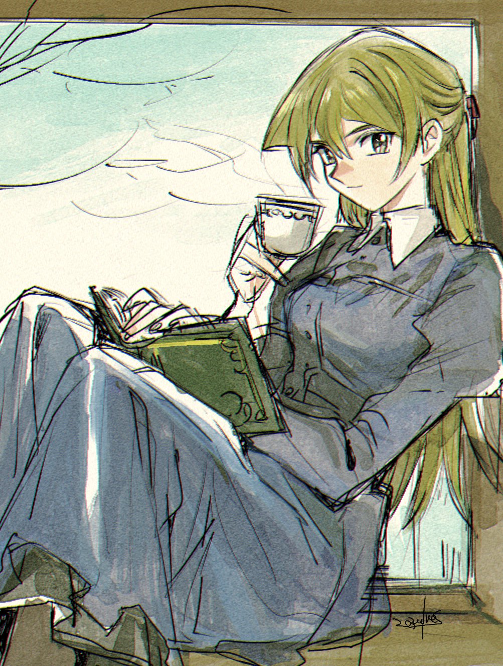 1girl 203wolves alternate_costume bangs blonde_hair blue_dress book book_on_lap braid brown_eyes brown_footwear closed_mouth cup dress french_braid hair_between_eyes hair_ribbon highres holding holding_cup long_dress long_hair long_sleeves open_book reading red_ribbon ribbon shiny shiny_hair sitting sitting_in_window sketch smile solo teacup tenjouin_asuka very_long_hair yu-gi-oh! yu-gi-oh!_gx