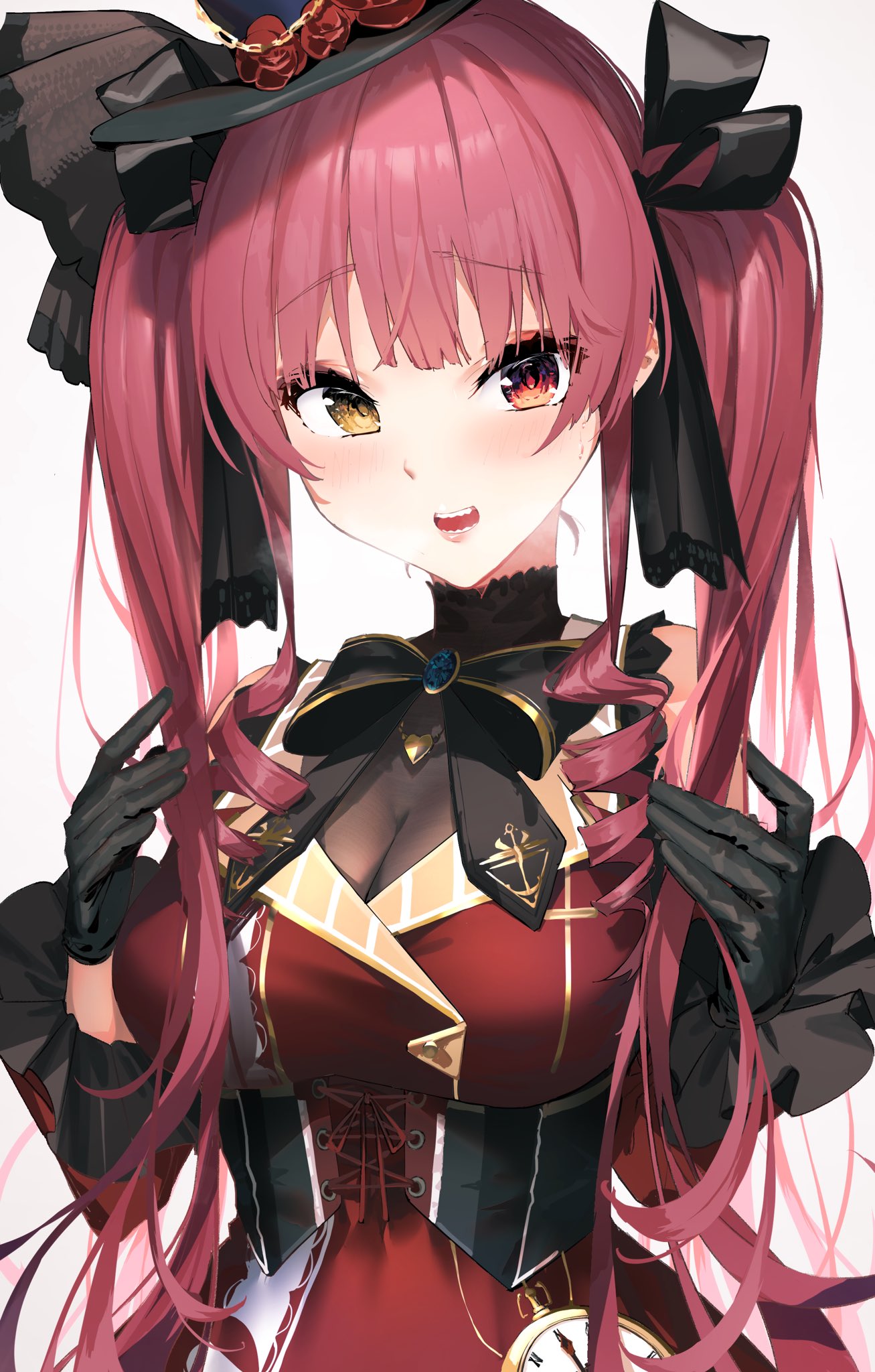 1girl bangs bare_shoulders black_bow black_gloves black_headwear black_ribbon blush bow breasts breath corset dress drill_hair eyebrows_visible_through_hair frilled_sleeves frills gem gloves gothic_lolita hair_ribbon heterochromia highres hololive houshou_marine large_breasts lolita_fashion long_hair long_sleeves looking_at_viewer official_alternate_costume open_mouth pocket_watch red_dress red_eyes redhead ribbon solo sweatdrop teeth twin_drills twintails very_long_hair virtual_youtuber watch white_background xkirara39x yellow_eyes