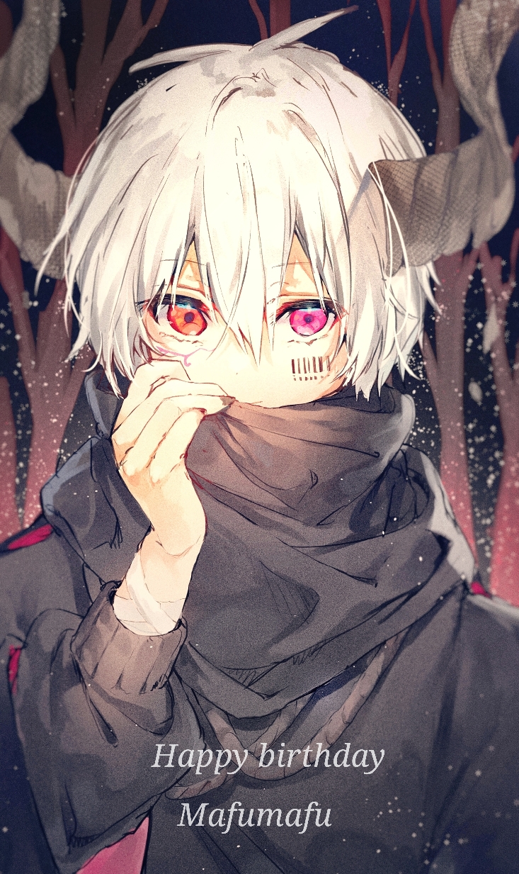 1boy antenna_hair bandages bangs barcode barcode_tattoo black_scarf black_sweater eyebrows_visible_through_hair facial_tattoo fingernails forest hand_up happy_birthday highres horns irohatomo long_sleeves looking_at_viewer mafumafu male_focus nature niconico night red_eyes scarf scarf_over_mouth short_hair snow snowing solo straight_hair sweater tattoo tree utaite_(singer) white_hair winter