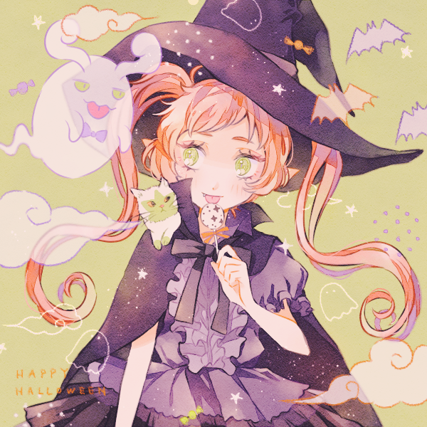 1girl :p animal_on_shoulder bat black_dress black_headwear black_neckwear blonde_hair blush bow bowtie candy cape cat cat_on_shoulder clouds commentary dress english_commentary english_text eyelashes fang fang_out food ghost green_background green_cat green_eyes halloween happy_halloween hat holding kitten lollipop long_hair looking_at_another neck_ribbon original pointy_ears puffy_short_sleeves puffy_sleeves ribbon ryokuno_green short_sleeves star_(symbol) tongue tongue_out twintails upper_body witch witch_hat