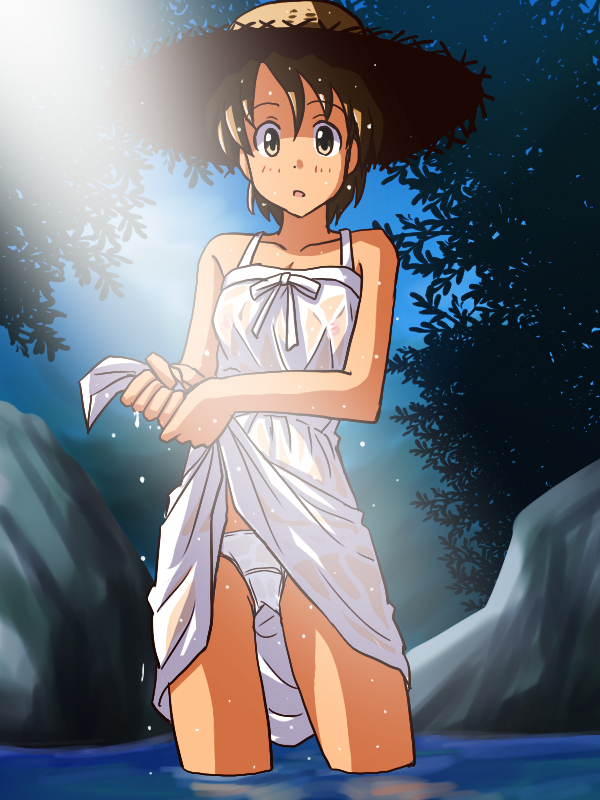 1girl bangs brown_eyes brown_hair commentary_request cowboy_shot crotch_seam day dress dress_lift drying fujimoto_atsuko hat lielos lifted_by_self looking_at_viewer medium_dress original outdoors panties pantyshot parted_lips partial_commentary see-through short_hair solo spaghetti_strap standing straw_hat sun_hat sunlight underwear wading wet wet_clothes white_dress white_panties