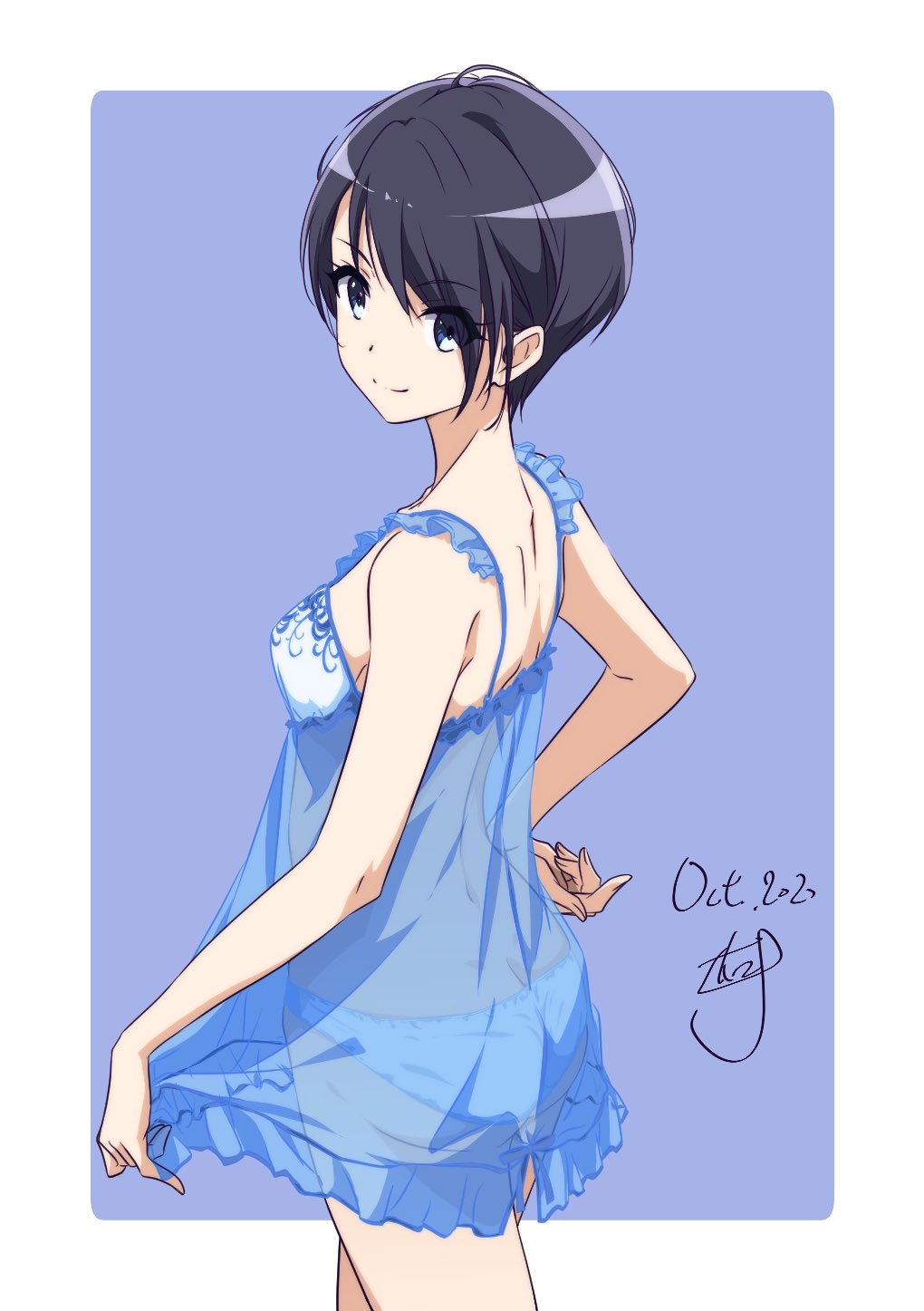 1girl 2020 black_eyes black_hair blue_panties border breasts closed_mouth cowboy_shot dated dress evening_gown from_side hand_on_hip highres looking_at_viewer nii_manabu original outside_border panties purple_background see-through shiny shiny_hair short_hair shoulder_blades sideboob signature sketch small_breasts smile solo standing underwear underwear_only white_border
