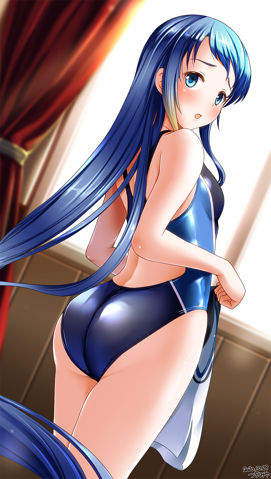 1girl absurdly_long_hair ass bangs bare_shoulders black_swimsuit blue_eyes blue_hair blue_swimsuit breasts commentary_request competition_swimsuit curtains dated dutch_angle from_behind gradient_hair highleg highleg_swimsuit highres kantai_collection long_hair looking_at_viewer multicolored_hair one-piece_swimsuit open_mouth samidare_(kantai_collection) signature small_breasts solo swept_bangs swimsuit tsuchimiya very_long_hair window wooden_wall