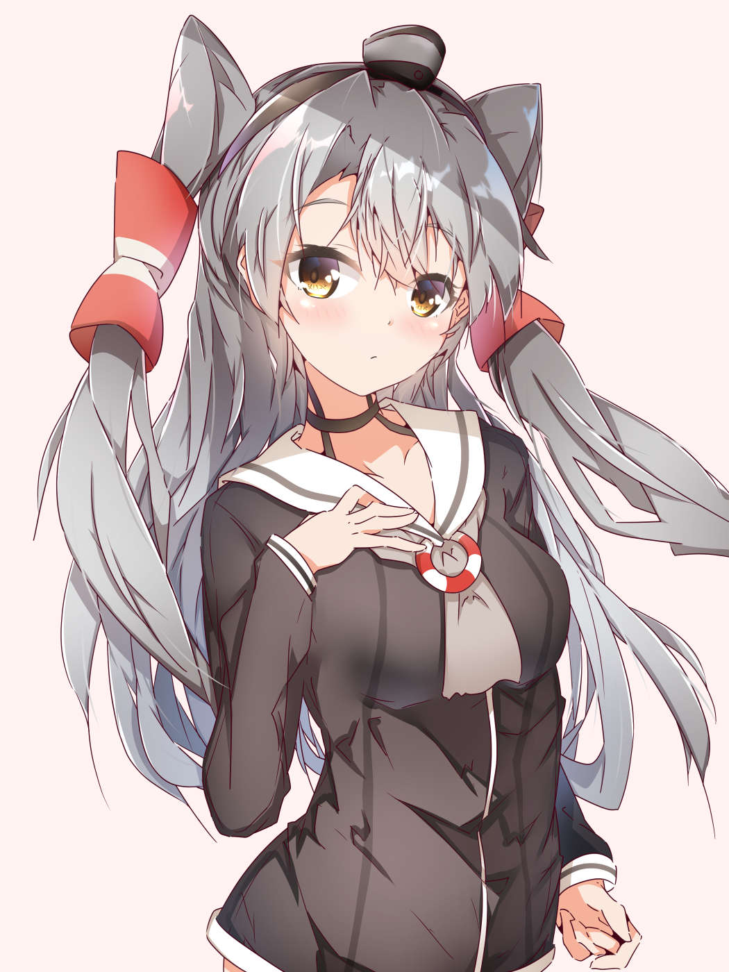 1girl amatsukaze_(kantai_collection) beige_background black_hairband blush breasts brown_dress brown_eyes commentary_request dress hair_tubes hairband harukawa_(hal501) highres kantai_collection lifebuoy lifebuoy_ornament long_hair looking_at_viewer medium_breasts sailor_dress short_dress silver_hair simple_background smokestack_hair_ornament solo two_side_up