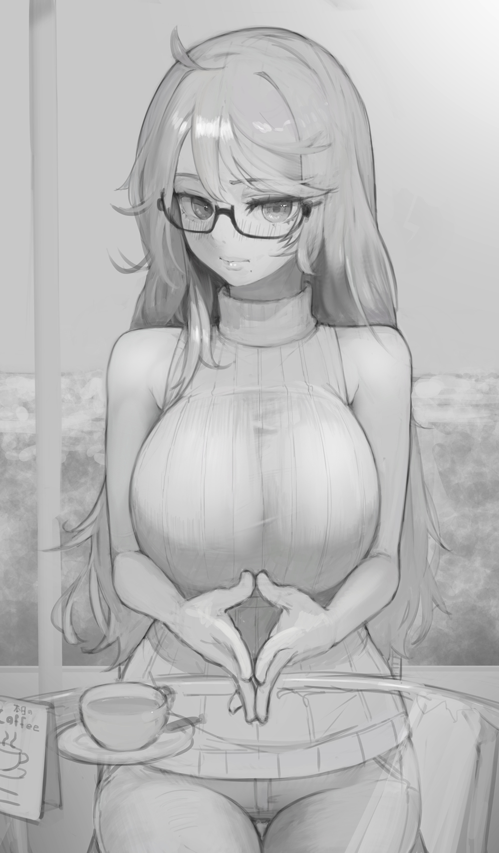 1girl bare_shoulders blush breasts coffee coffee_cup commentary_request cup disposable_cup embarrassed english_text eyelashes glasses highres hiragana_oufu large_breasts long_hair looking_at_viewer mole original sitting sketch solo sweater