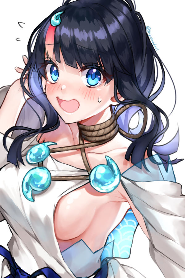 1girl bangs bare_shoulders black_hair blue_eyes blue_ribbon blunt_bangs blush breasts collarbone detached_sleeves eyebrows_visible_through_hair fate/grand_order fate/requiem fate_(series) flying_sweatdrops hand_up long_hair long_sleeves magatama magatama_hair_ornament medium_breasts multicolored_hair open_mouth redhead ribbon rope see-through sideboob sideless_outfit simple_background solo streaked_hair sweat twitter_username two-tone_hair upper_body utsumi_erise white_background yayoi_maka