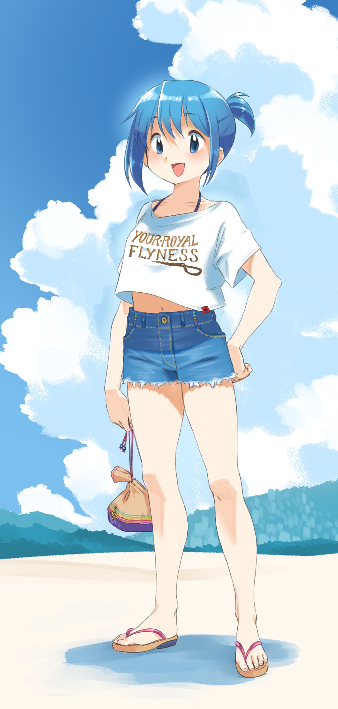 1girl :d alternate_costume alternate_hairstyle arm_at_side bag bare_legs beach blue_eyes blue_hair blue_sky clenched_hand clothes_writing clouds cloudy_sky collarbone commentary day denim denim_shorts dot_nose english_commentary eyebrows_visible_through_hair facing_viewer full_body gloamy hair_between_eyes halterneck hand_on_hip happy high_ponytail highres holding holding_bag legs_apart looking_afar mahou_shoujo_madoka_magica midriff miki_sayaka mountain musical_note nature navel open_mouth outdoors sand sandals shadow shiny shiny_hair shirt short_shorts short_sleeves shorts sidelocks sky smile solo standing sunlight toenails treble_clef white_shirt wide-eyed