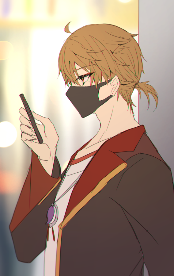 1boy ahoge bangs black_jacket blurry blurry_background brown_eyes brown_hair cellphone collarbone depth_of_field eyebrows_visible_through_hair from_side fushimi_gaku hair_between_eyes hand_up holding holding_phone jacket long_sleeves low_ponytail male_focus mask mole mole_under_eye mouth_mask nijisanji open_clothes open_jacket phone ponytail profile shikino_yuki shirt solo upper_body virtual_youtuber white_shirt