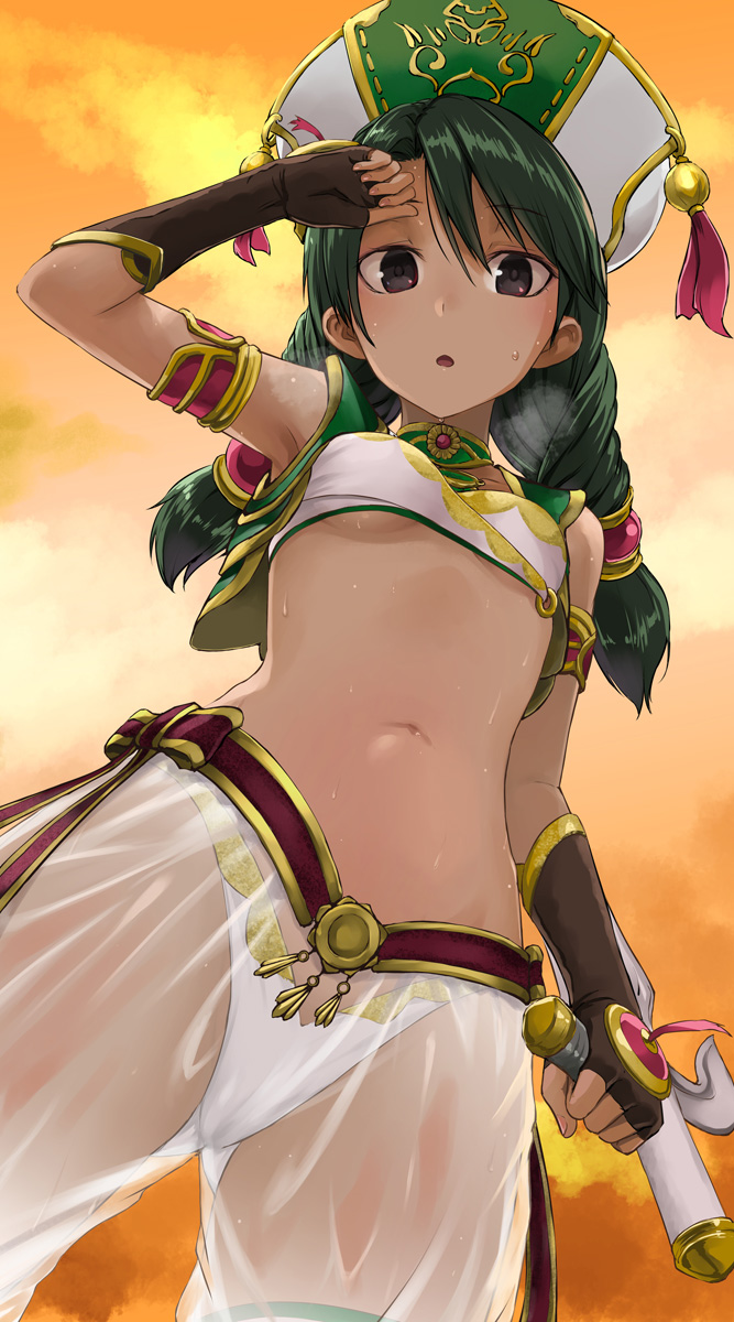 1girl :o arabian_clothes arm_up armlet black_eyes black_gloves breasts breath cowboy_shot crop_top fingerless_gloves gloves green_hair hair_ornament highres hot long_hair looking_at_viewer midriff navel panties pants parted_lips revealing_clothes see-through shirt sleeveless sleeveless_shirt small_breasts solo soulcalibur soulcalibur_iv standing stomach sweat talim tea_(nakenashi) thighs underwear white_headwear white_panties white_pants white_shirt